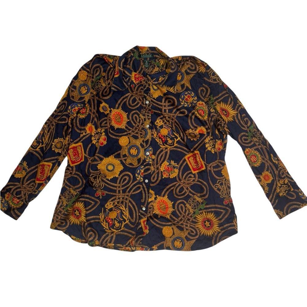 Lauren Ralph Lauren 2X Navy Equestrian Print Button-Up Shirt